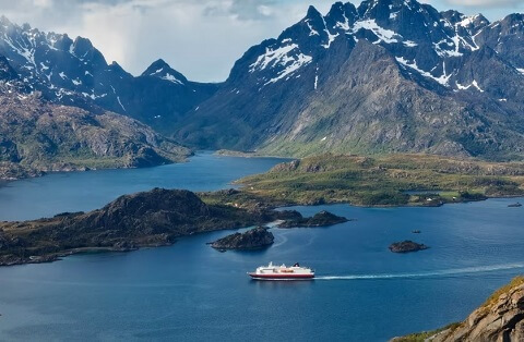 First Emission Free Ship; MS Richard With sails through Raftsundet in Northern Norway